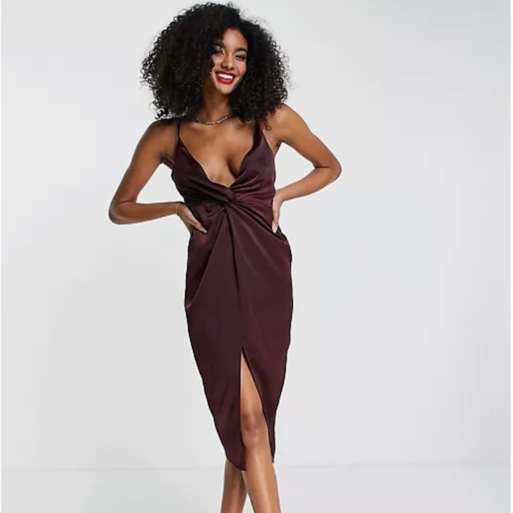 ASOS midi dress with twist front in burgundy (w slit)